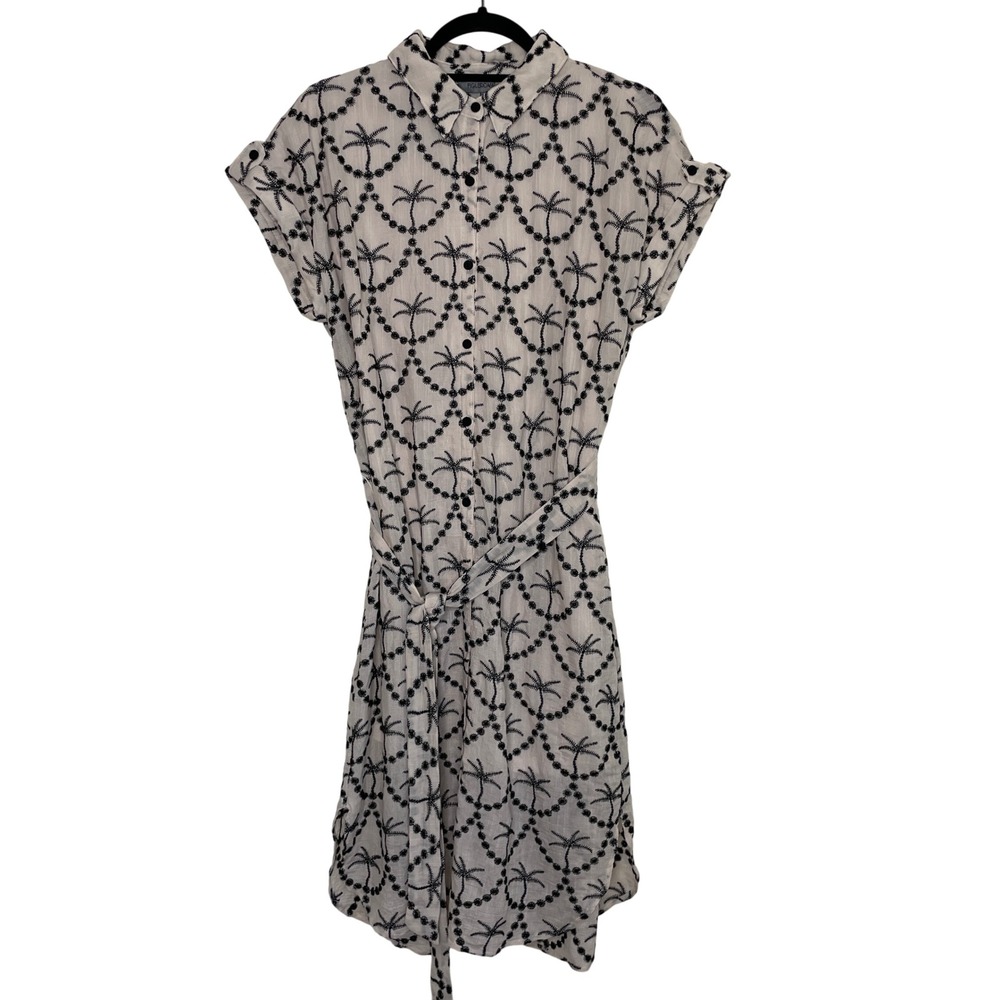 Figueroa & Flower Shirt Dress Womens S Cream Black‎ Palm Tree Embroidered Belted